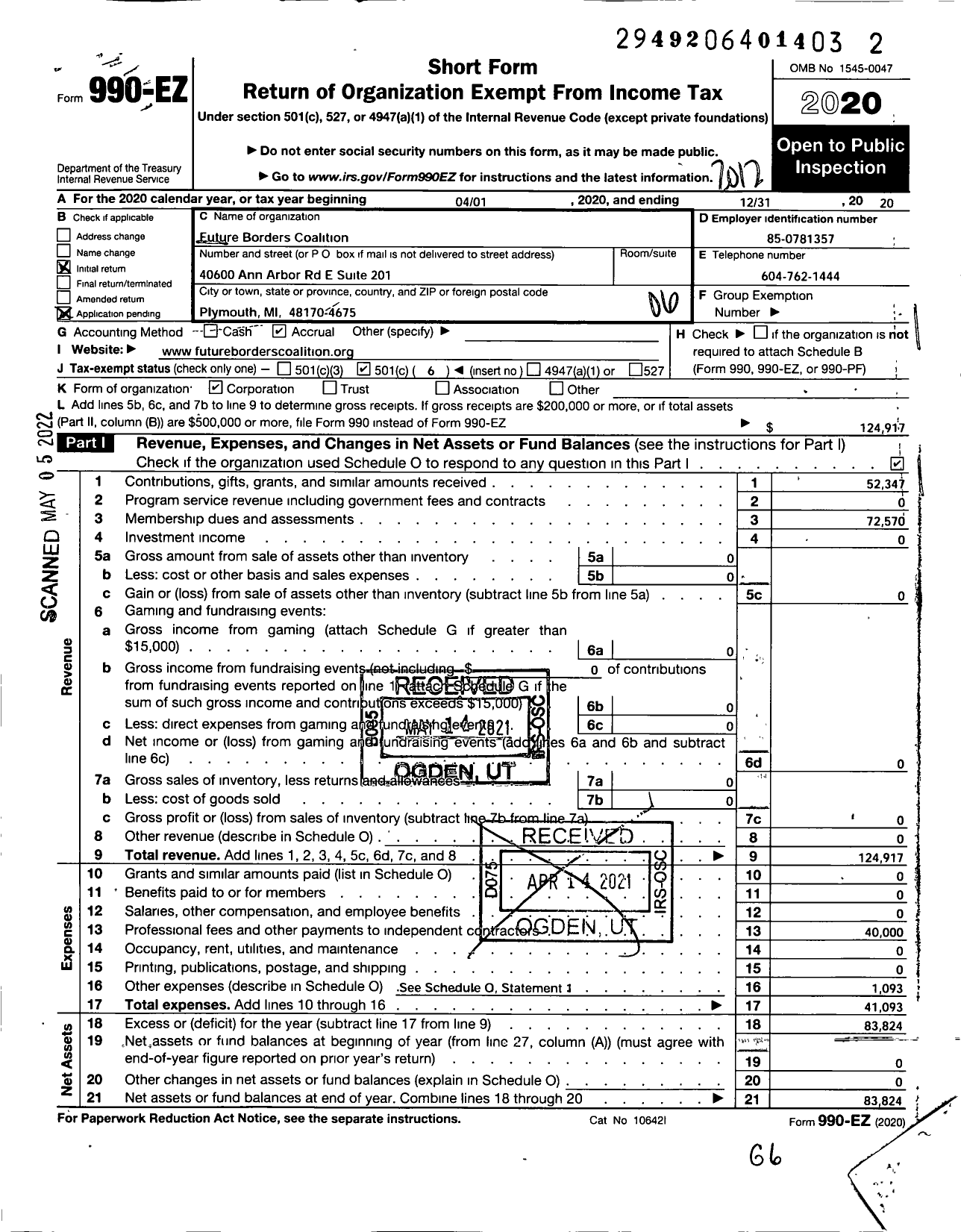 Image of first page of 2020 Form 990EO for Future Borders Coalition