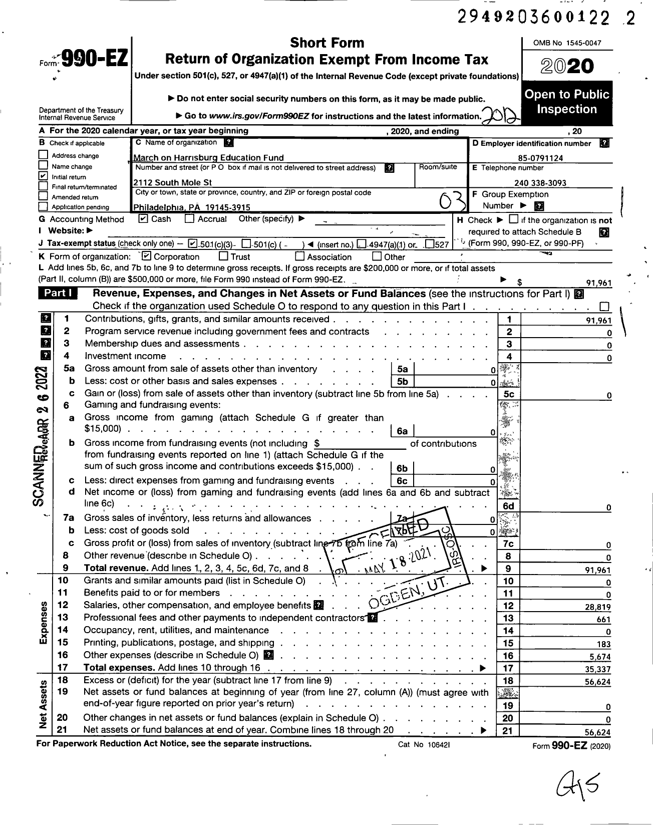 Image of first page of 2020 Form 990EZ for March on Harrisburg Education Fund