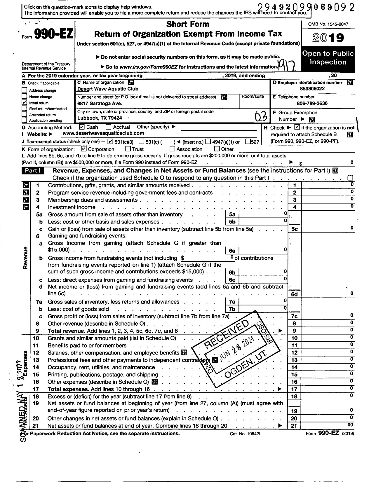 Image of first page of 2019 Form 990EZ for Desert Wave Aquatic Club