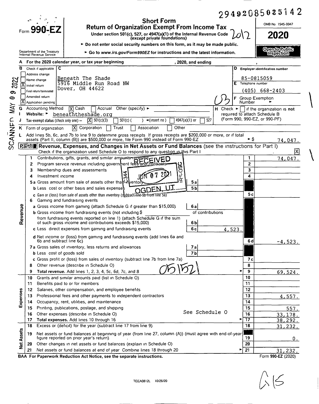 Image of first page of 2020 Form 990EZ for Beneath The Shade