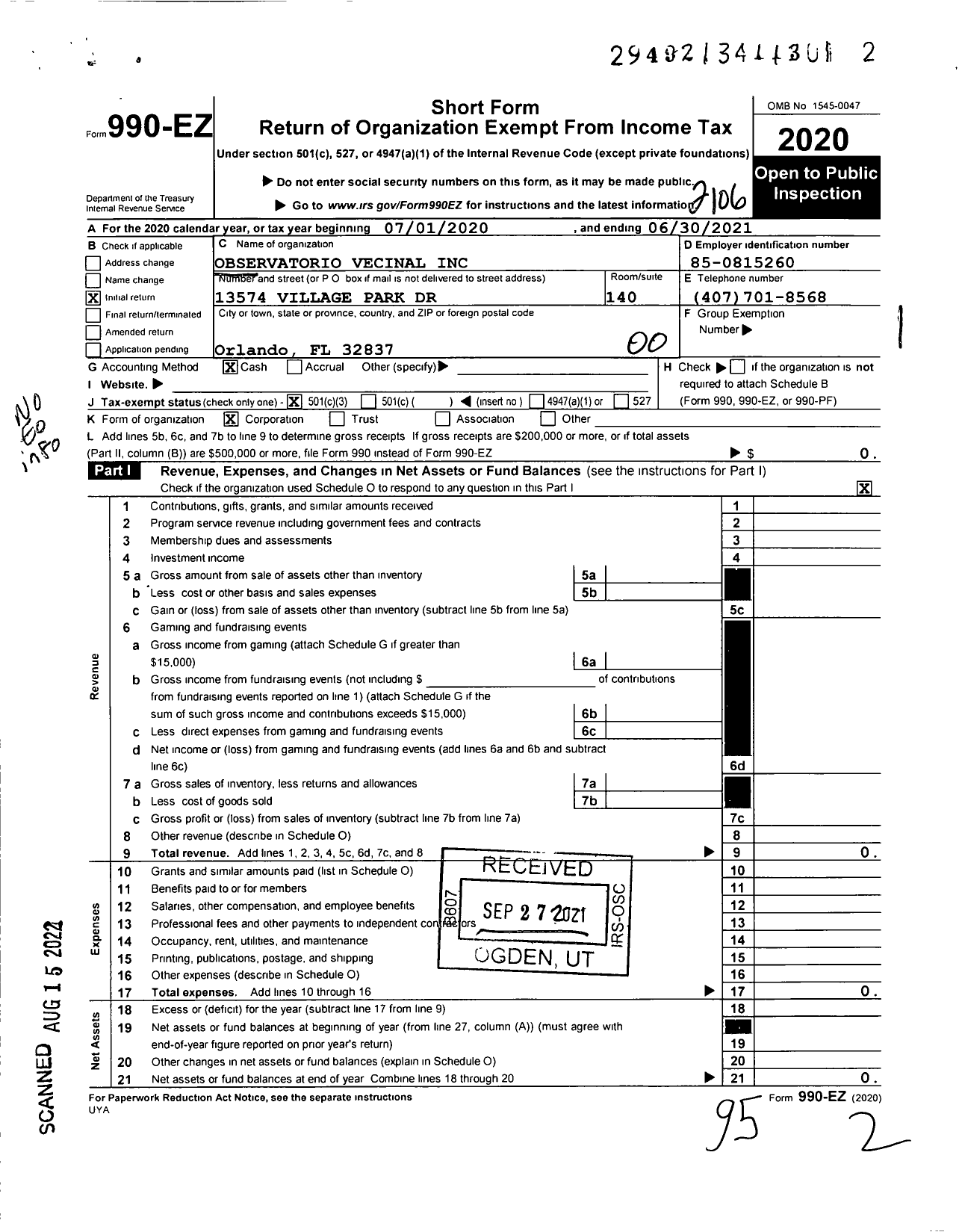 Image of first page of 2020 Form 990EO for Observatorio Vecinal