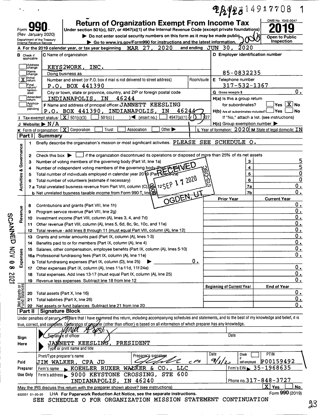 Image of first page of 2019 Form 990 for Keys2work