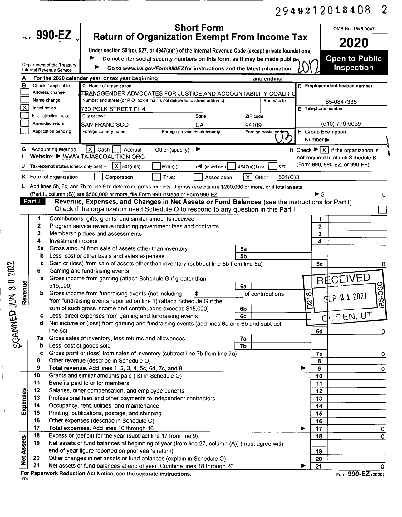 Image of first page of 2020 Form 990EZ for Transgender Advocates for Justice and Accountability Tajas Coalition