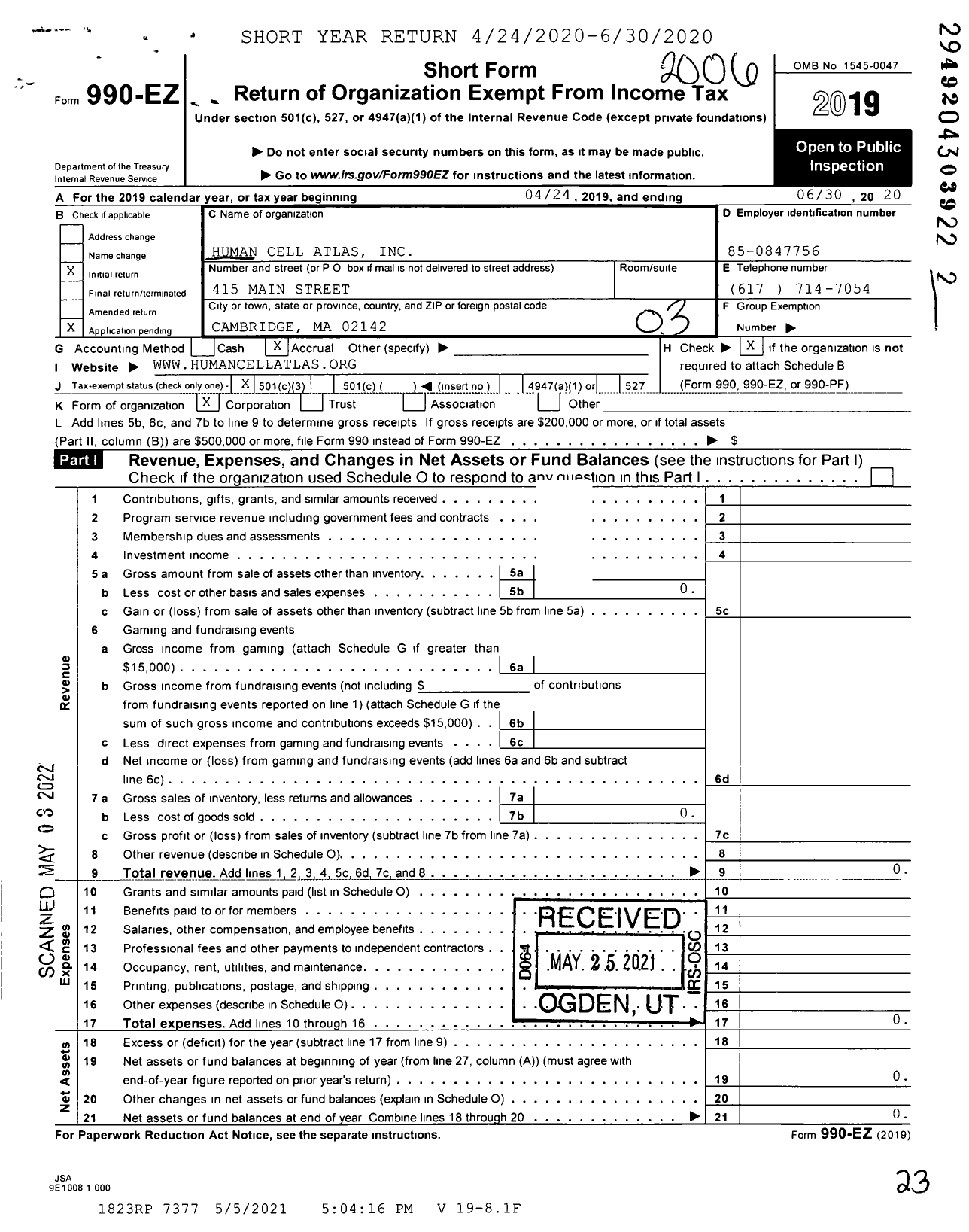 Image of first page of 2019 Form 990EZ for Human Cell Atlas