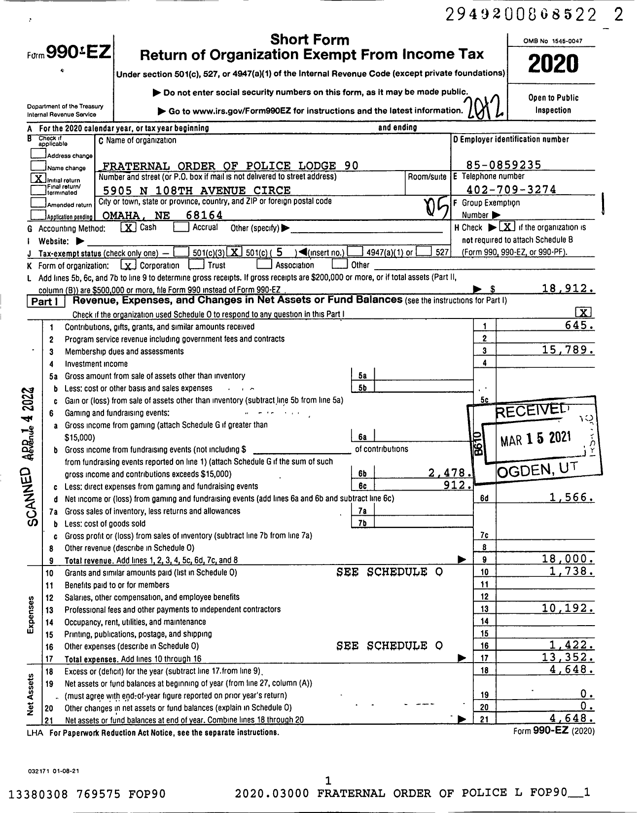 Image of first page of 2020 Form 990EO for Fraternal Order of Police - Lodge 90