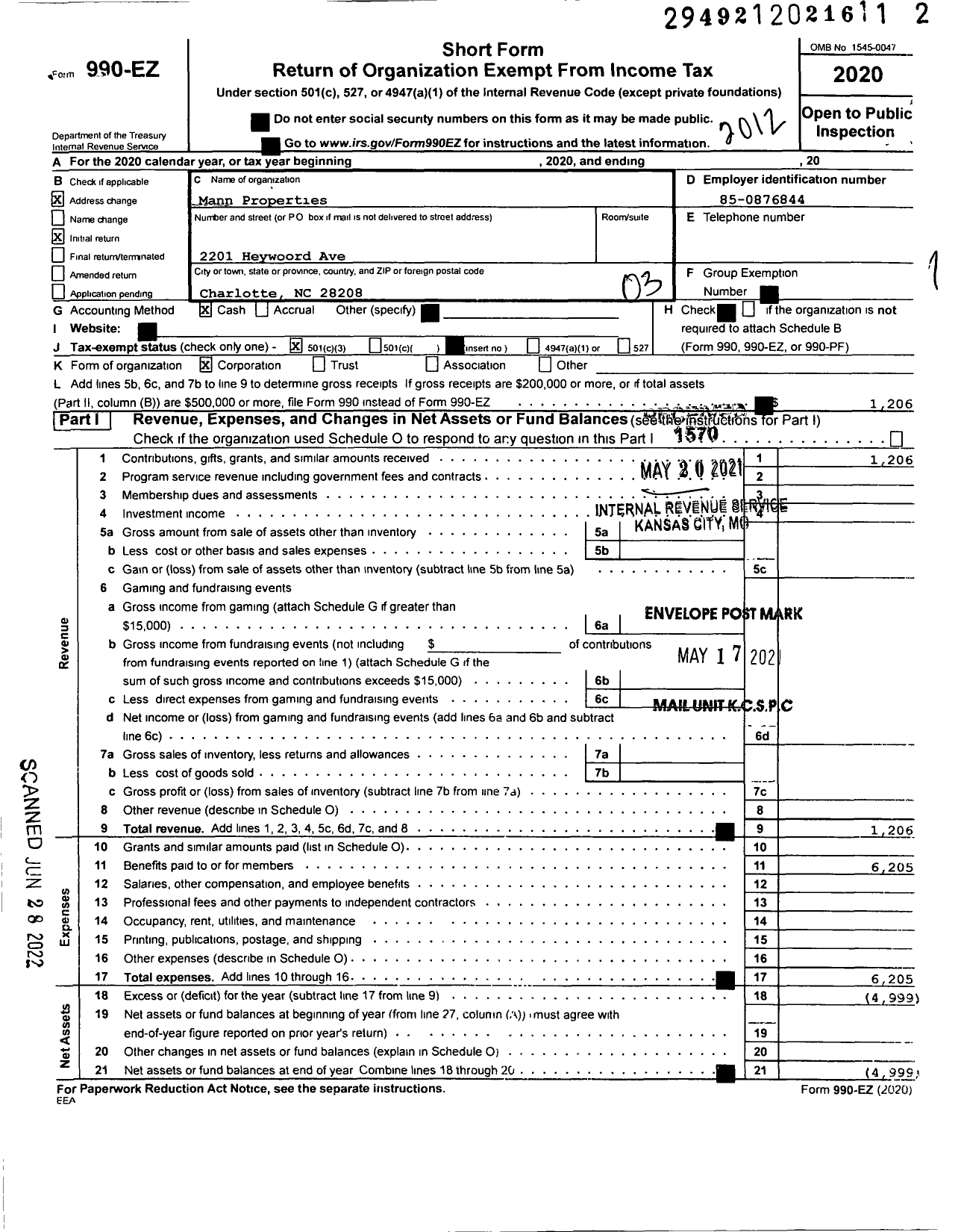 Image of first page of 2020 Form 990EZ for Mann Properties Community Development Corporation