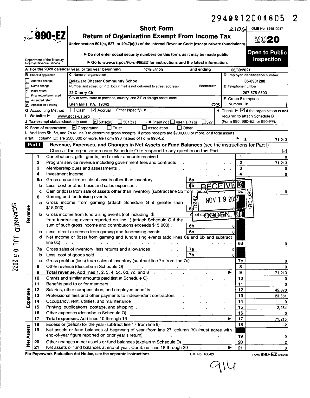 Image of first page of 2020 Form 990EZ for Delaware Chester Community School Or (DCCS)