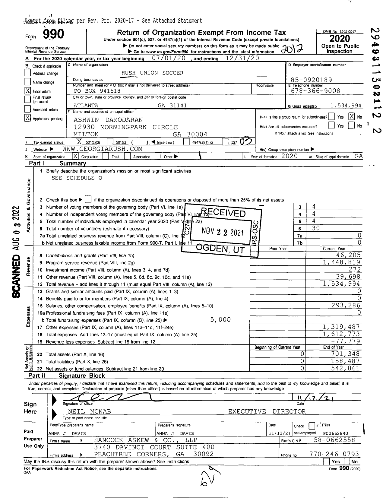 Image of first page of 2020 Form 990 for Rush Union Soccer