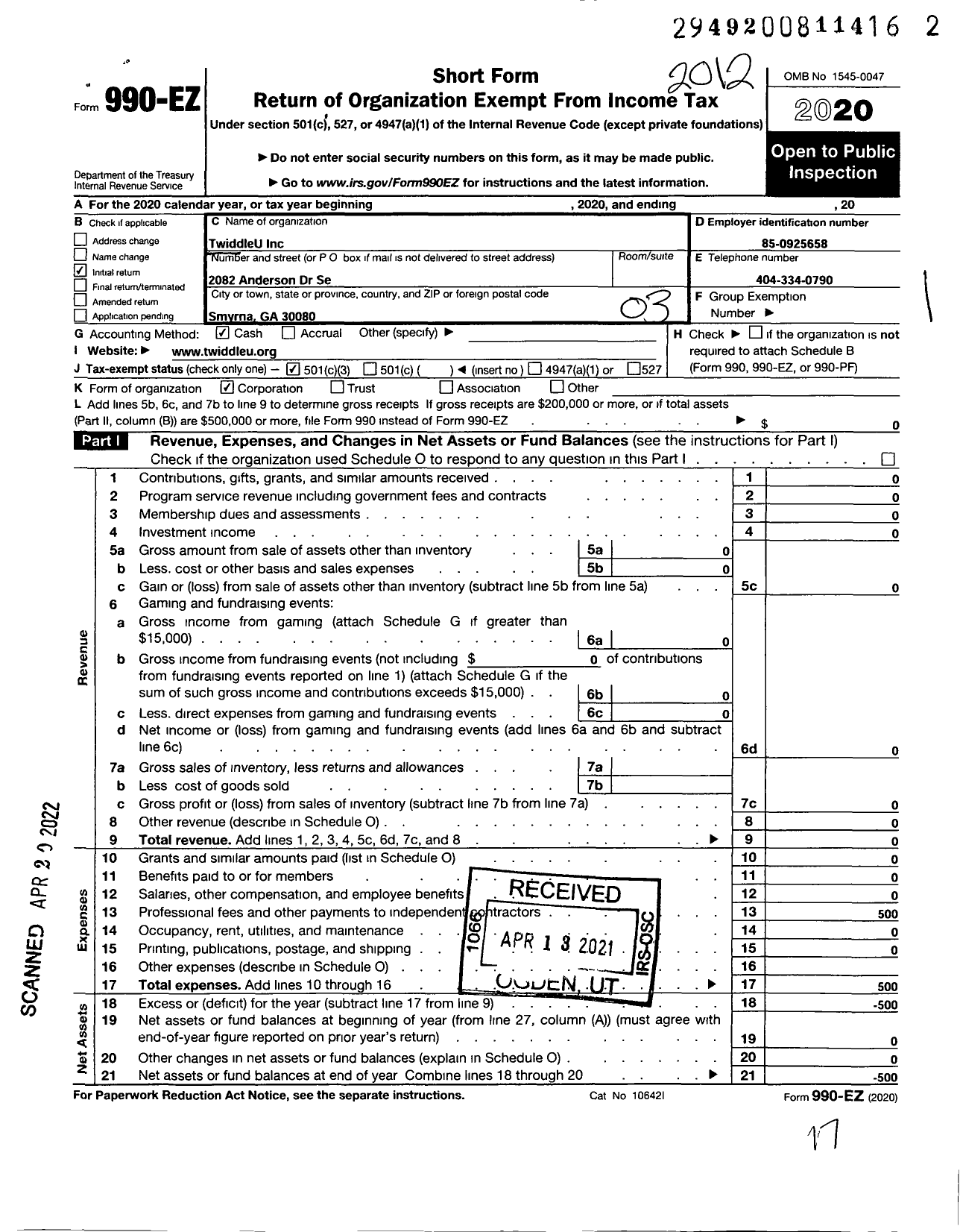 Image of first page of 2020 Form 990EZ for Twiddleu