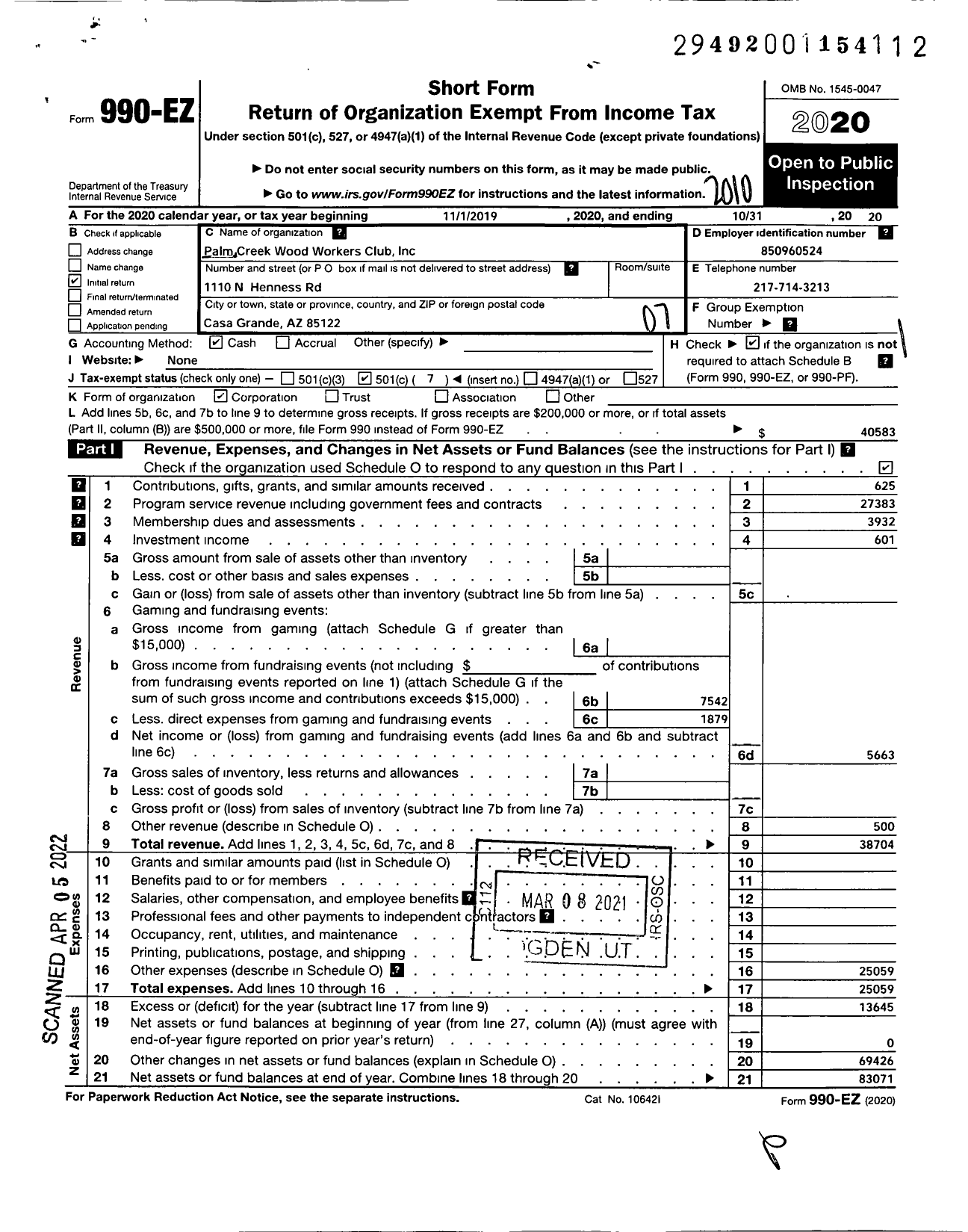 Image of first page of 2019 Form 990EO for Palm Creek Wood Workers Club