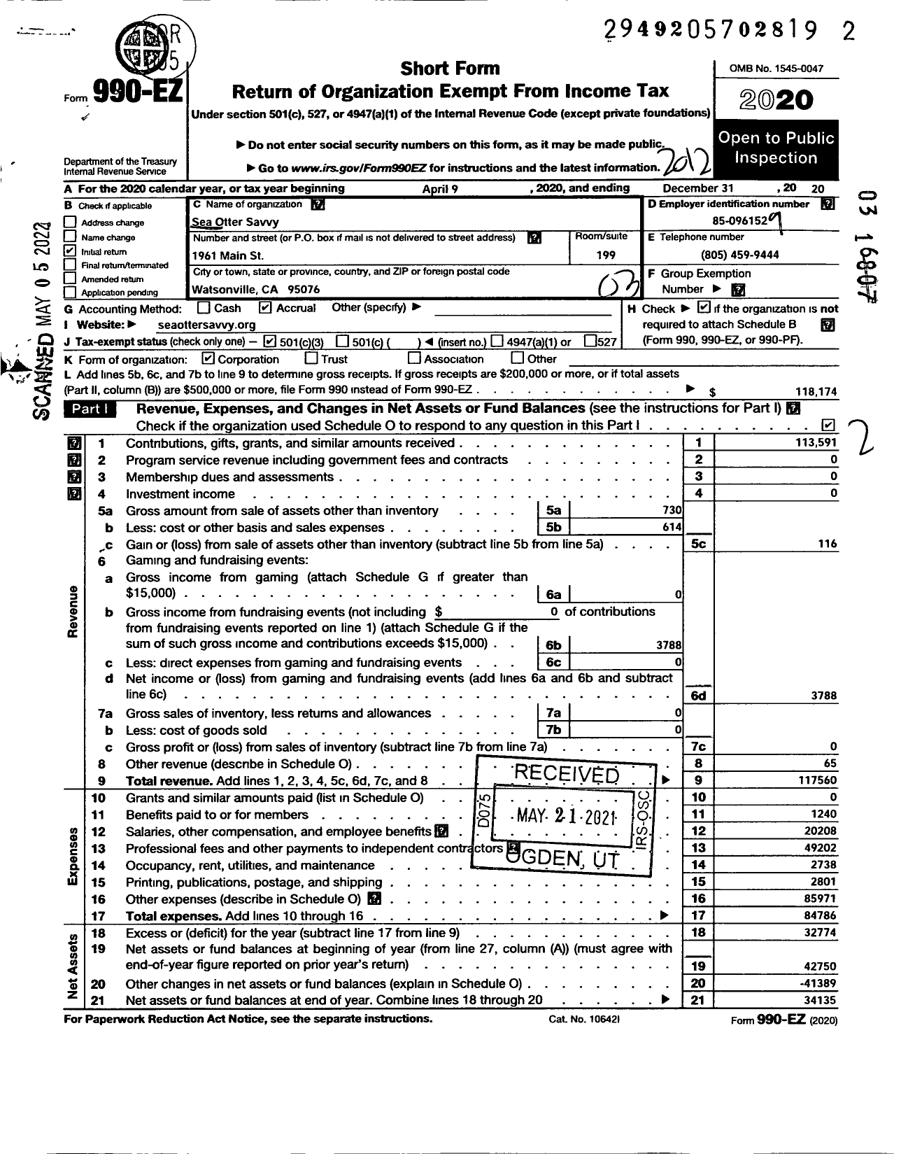 Image of first page of 2020 Form 990EZ for Sea Otter Savvy