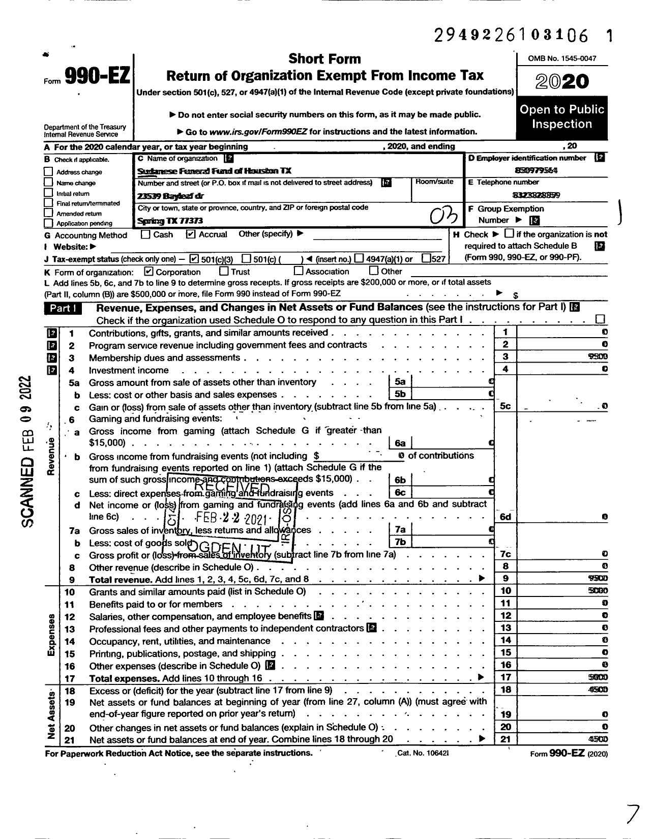 Image of first page of 2020 Form 990EZ for Sudanese Funeral Fund of Houston TX