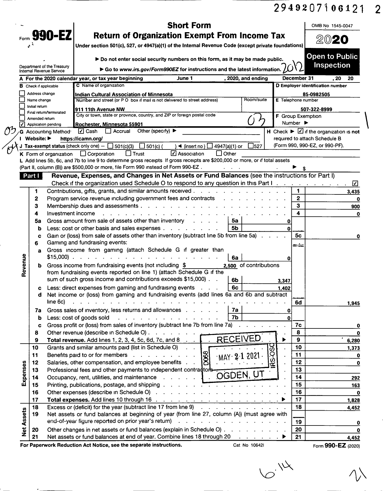 Image of first page of 2020 Form 990EZ for Indian Cultural Association of Minnesota (ICAM)