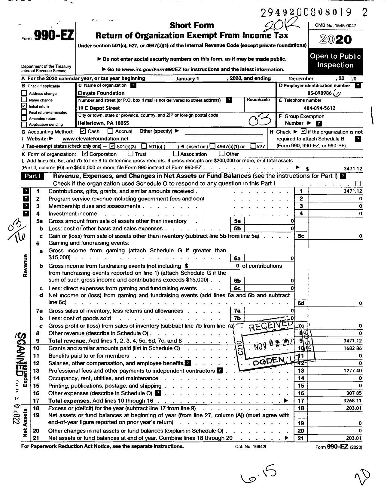 Image of first page of 2020 Form 990EZ for Elevate Foundation