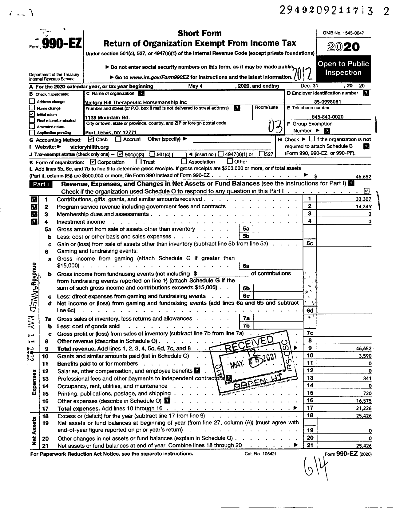 Image of first page of 2020 Form 990EZ for Victory Hill Therapeutic Horsmanship