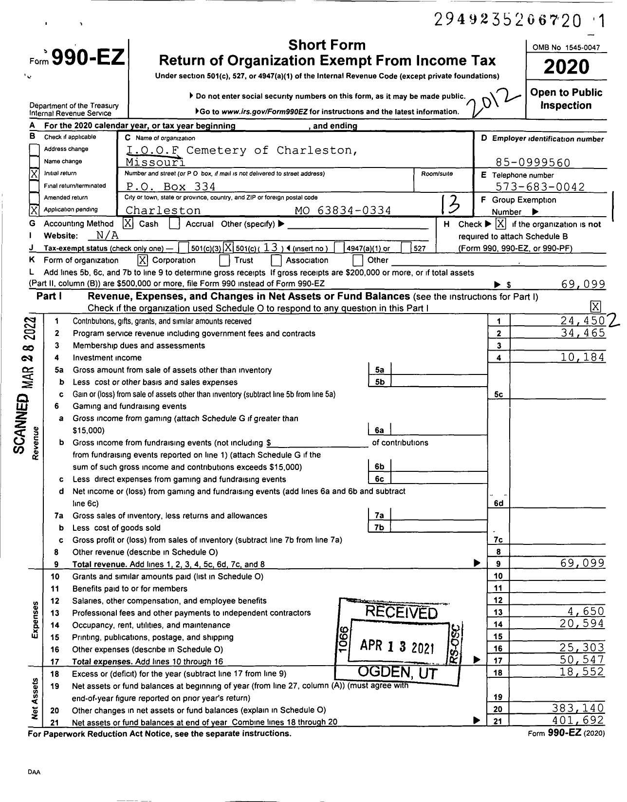 Image of first page of 2020 Form 990EO for Ioof Cemetery of Charleston Missouri