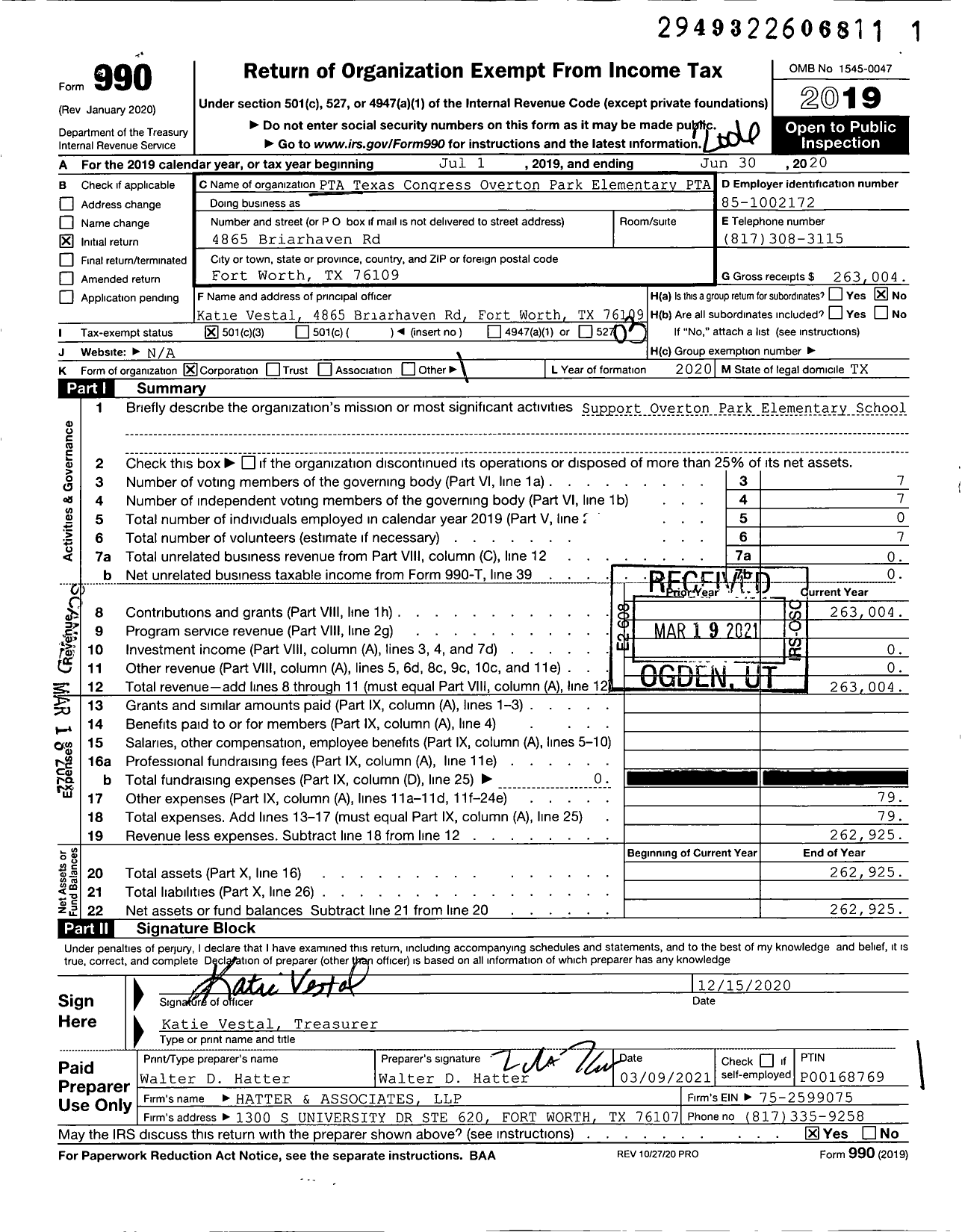 Image of first page of 2019 Form 990 for Texas PTA - 2311785 Overton Park Elementary