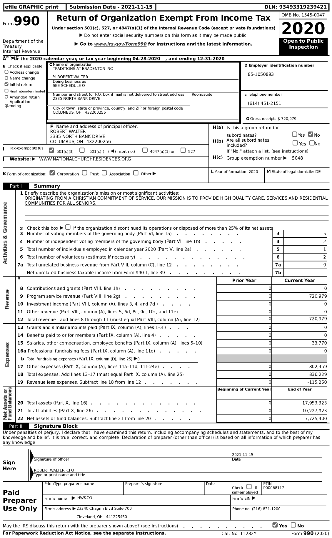 Image of first page of 2020 Form 990 for National Church Residences - Water's Edge of Bradenton III