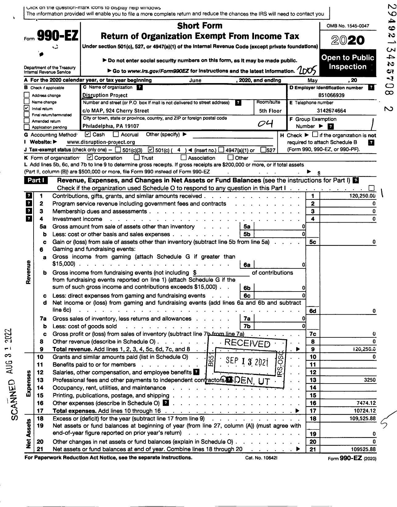 Image of first page of 2019 Form 990EO for Disruption Project