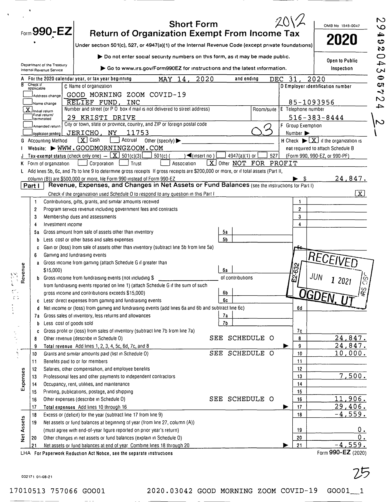 Image of first page of 2020 Form 990EZ for Good Morning Zoom Covid-19 Relief Fund