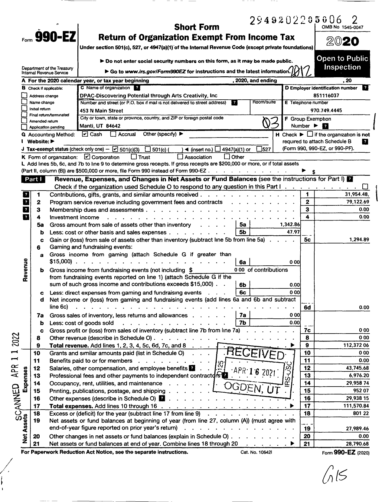 Image of first page of 2020 Form 990EZ for Dpac - Discovering Potential Through Arts Creativity