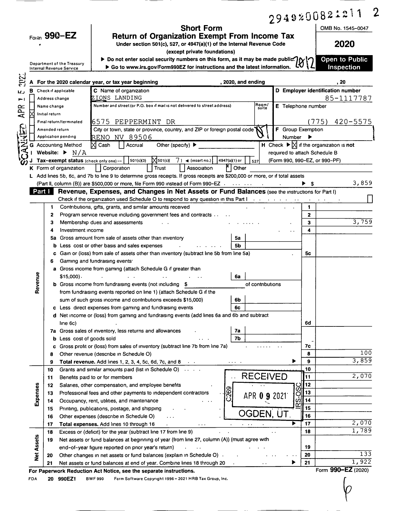 Image of first page of 2020 Form 990EO for Zions Landing