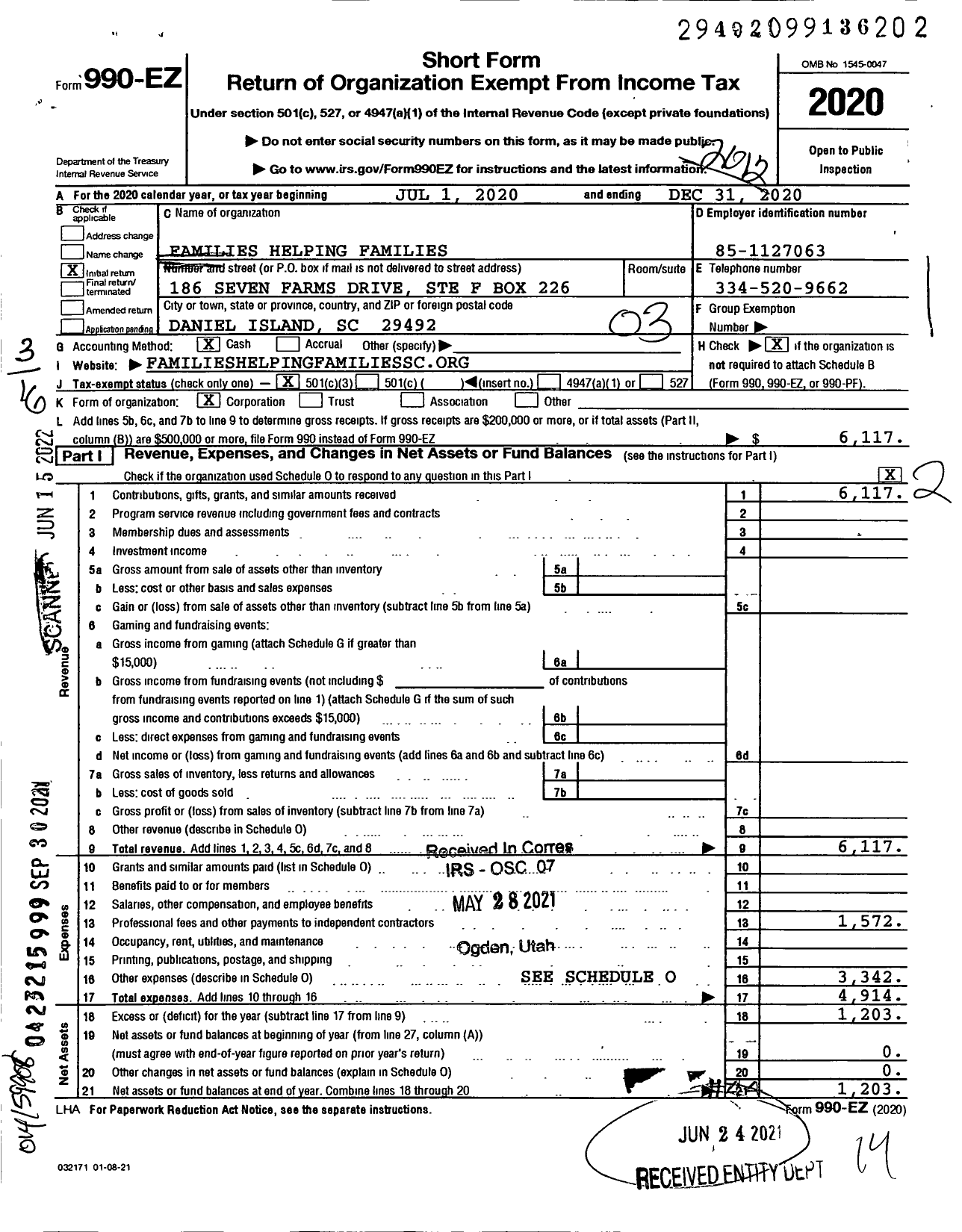 Image of first page of 2020 Form 990EZ for Families Helping Families