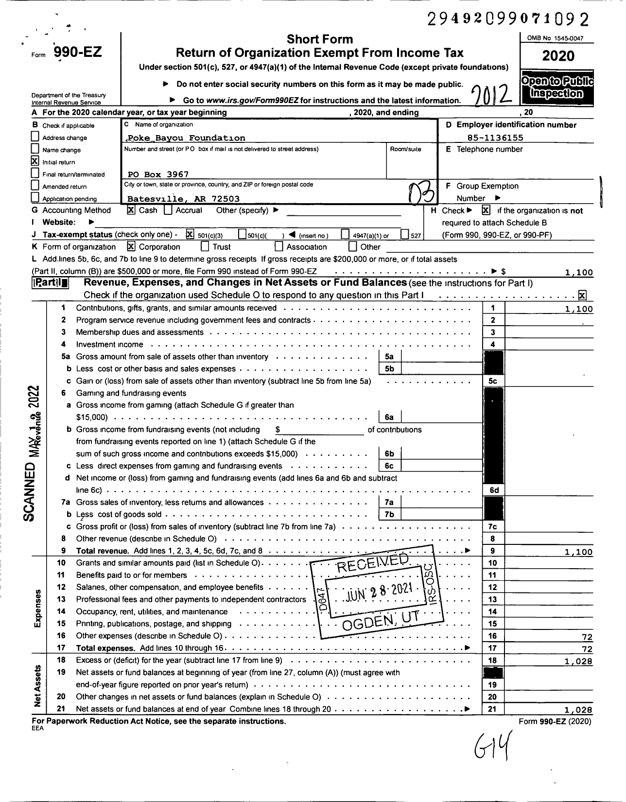 Image of first page of 2020 Form 990EZ for Poke Bayou Foundation