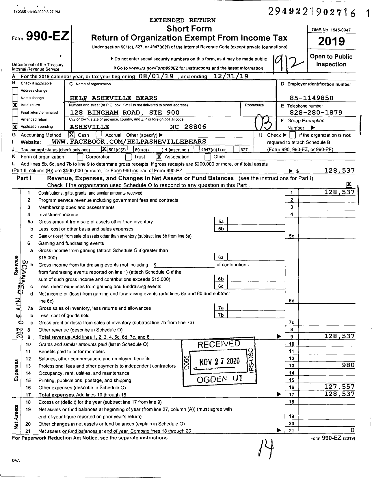 Image of first page of 2019 Form 990EZ for Help Asheville Bears