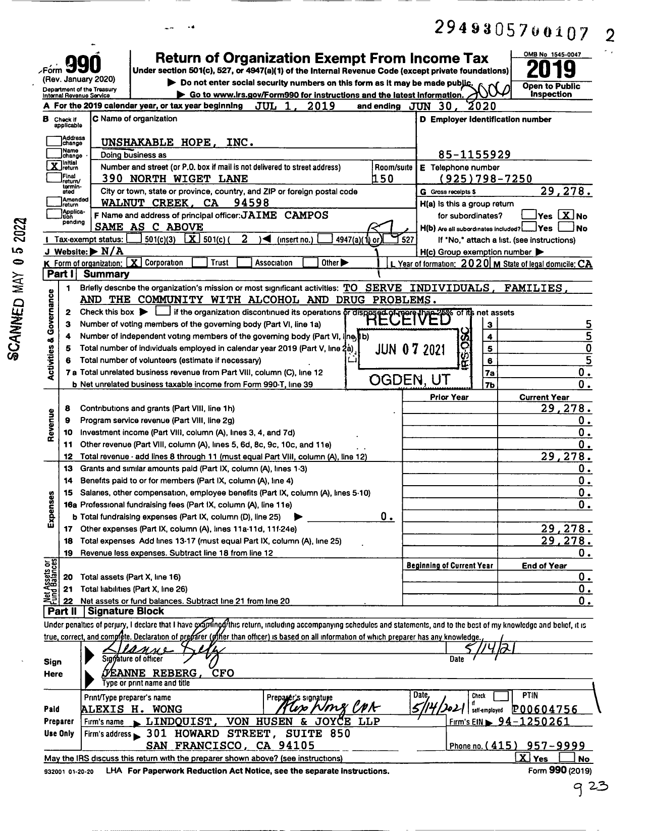 Image of first page of 2019 Form 990O for Unshakable Hope