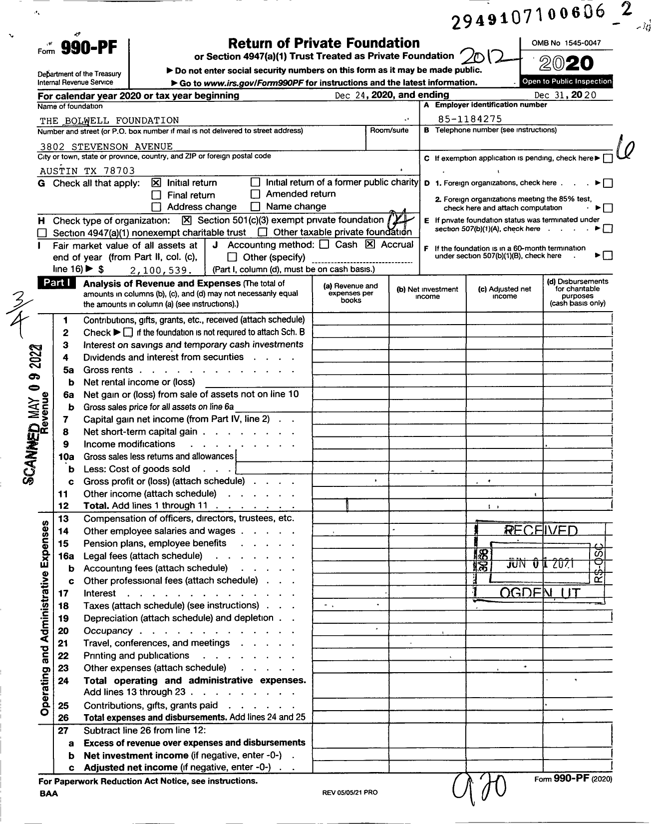 Image of first page of 2020 Form 990PF for The Bolwell Foundation