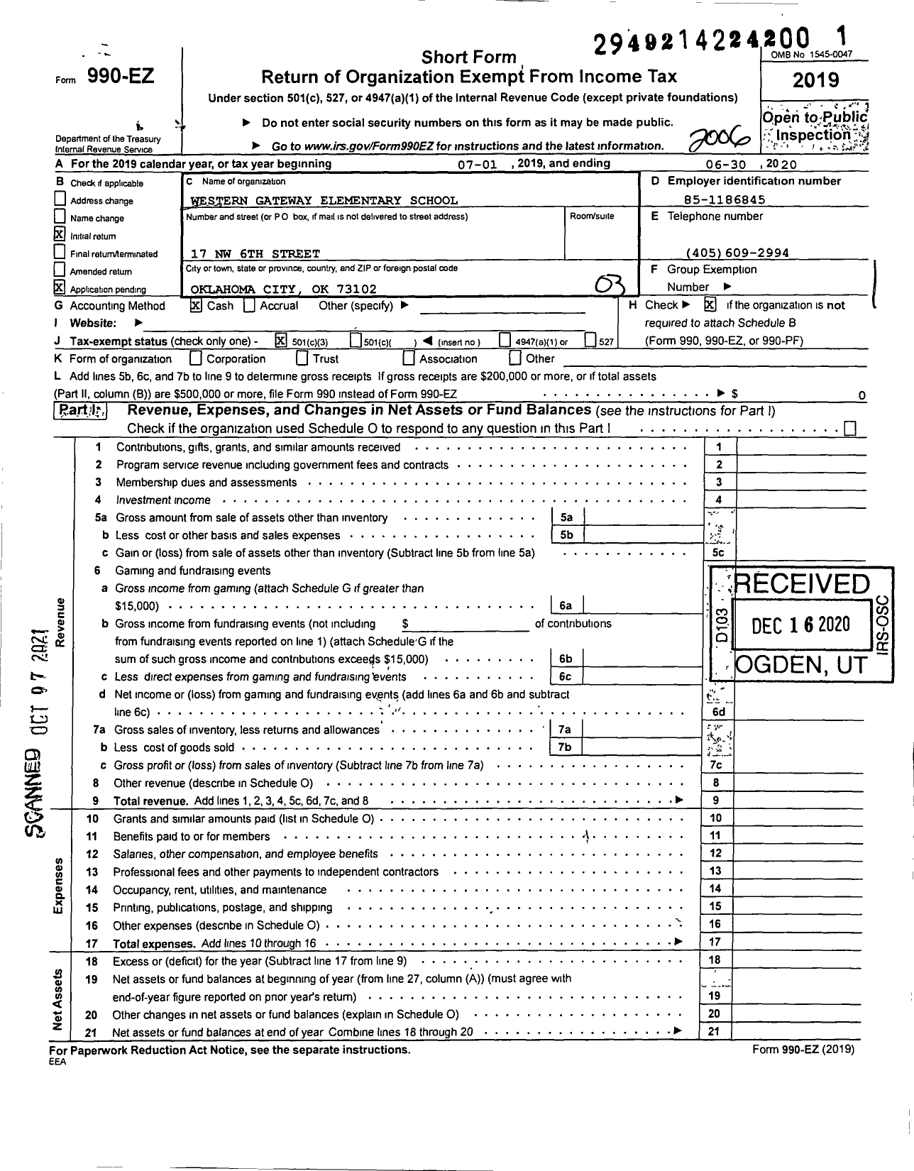 Image of first page of 2019 Form 990EZ for Western Gateway Elementary School