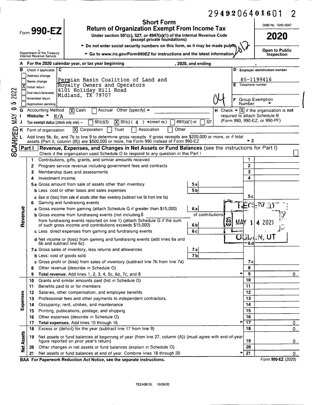 Image of first page of 2020 Form 990EO for Permian Basin Coalition of Land and Royalty Owners and Operators