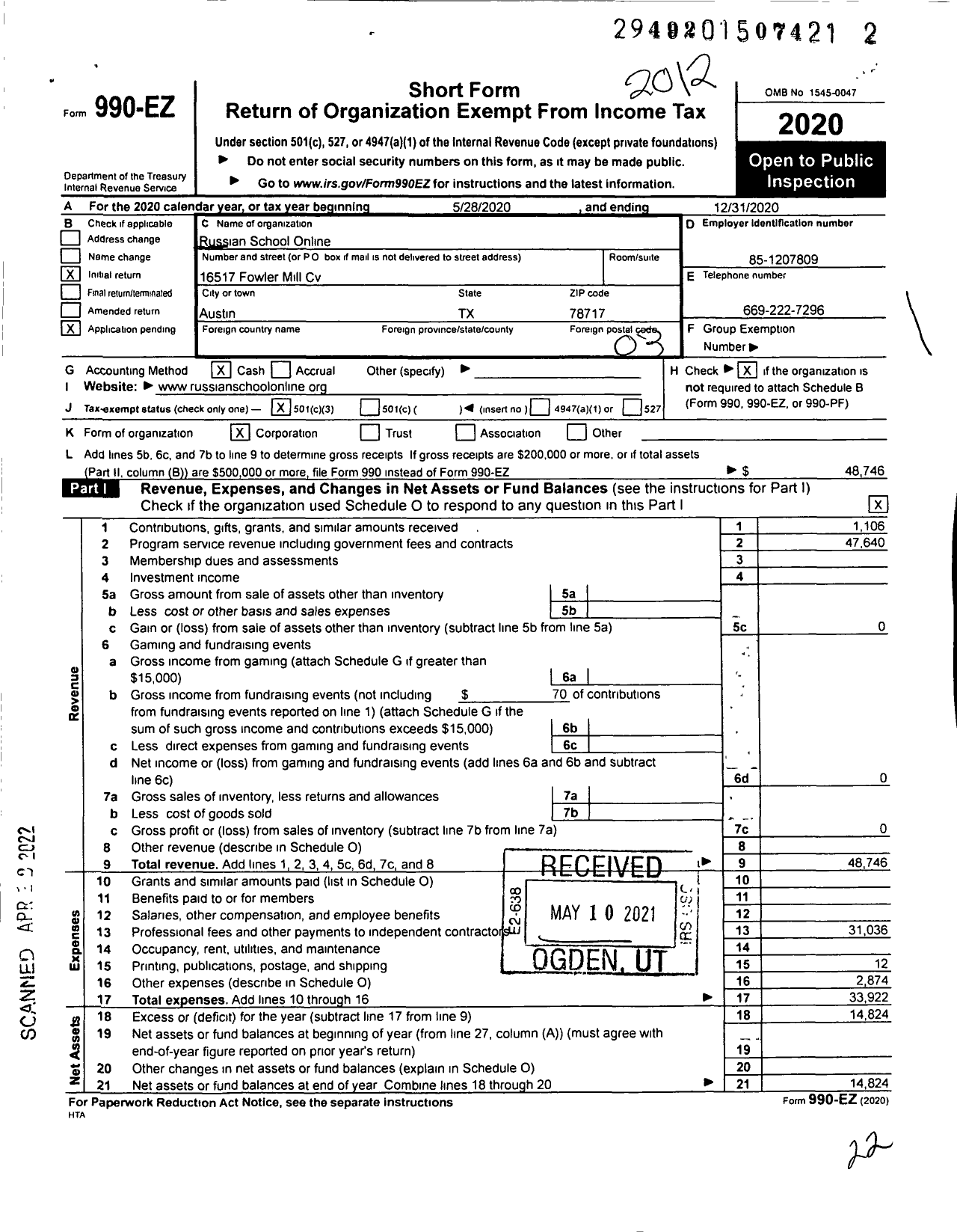 Image of first page of 2020 Form 990EZ for Russian School Online