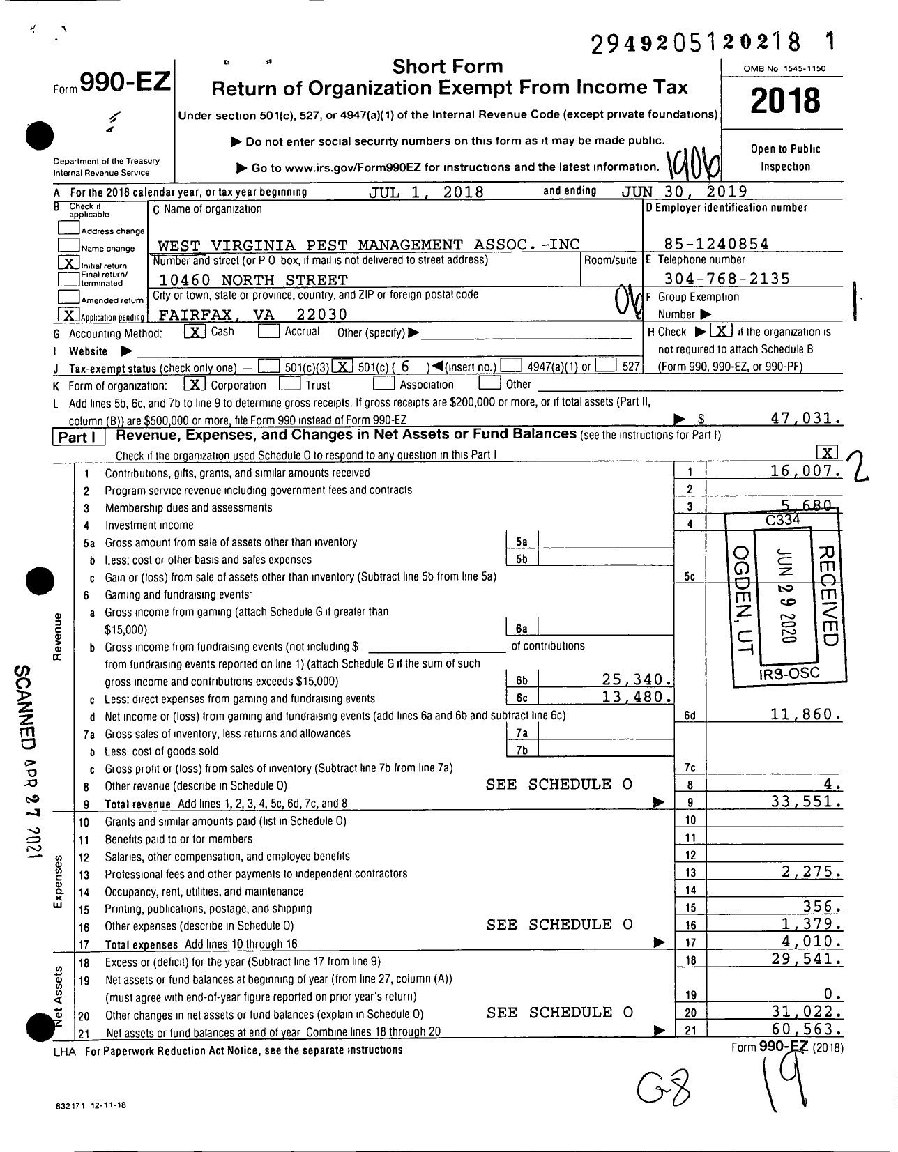 Image of first page of 2018 Form 990EO for West Virginia Pest Management Association