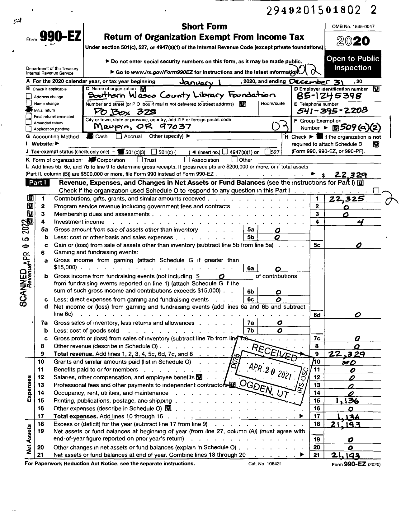 Image of first page of 2020 Form 990EZ for Southern Wasco County Library Foundation