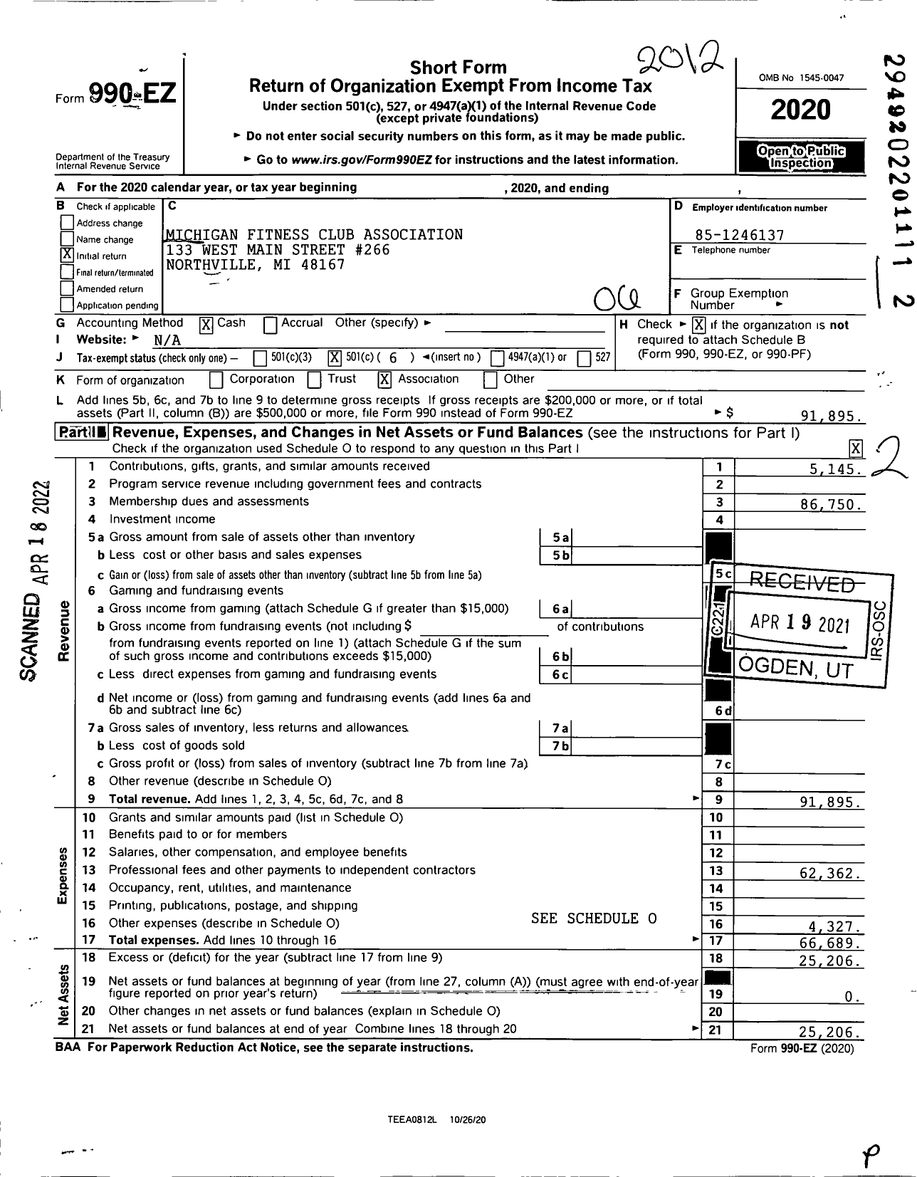 Image of first page of 2020 Form 990EO for Michigan Fitness Association