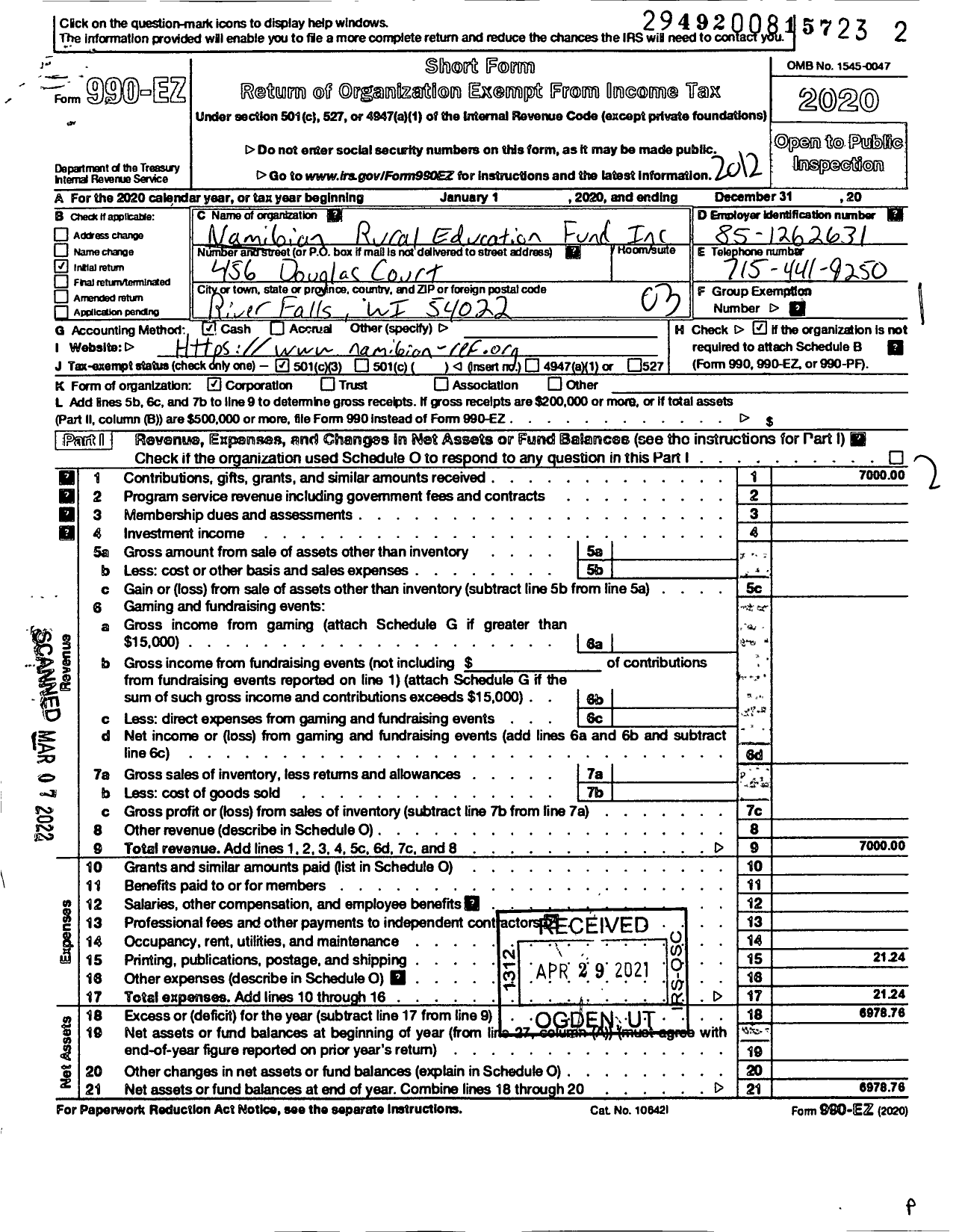 Image of first page of 2020 Form 990EZ for Namibian Rural Education Fund