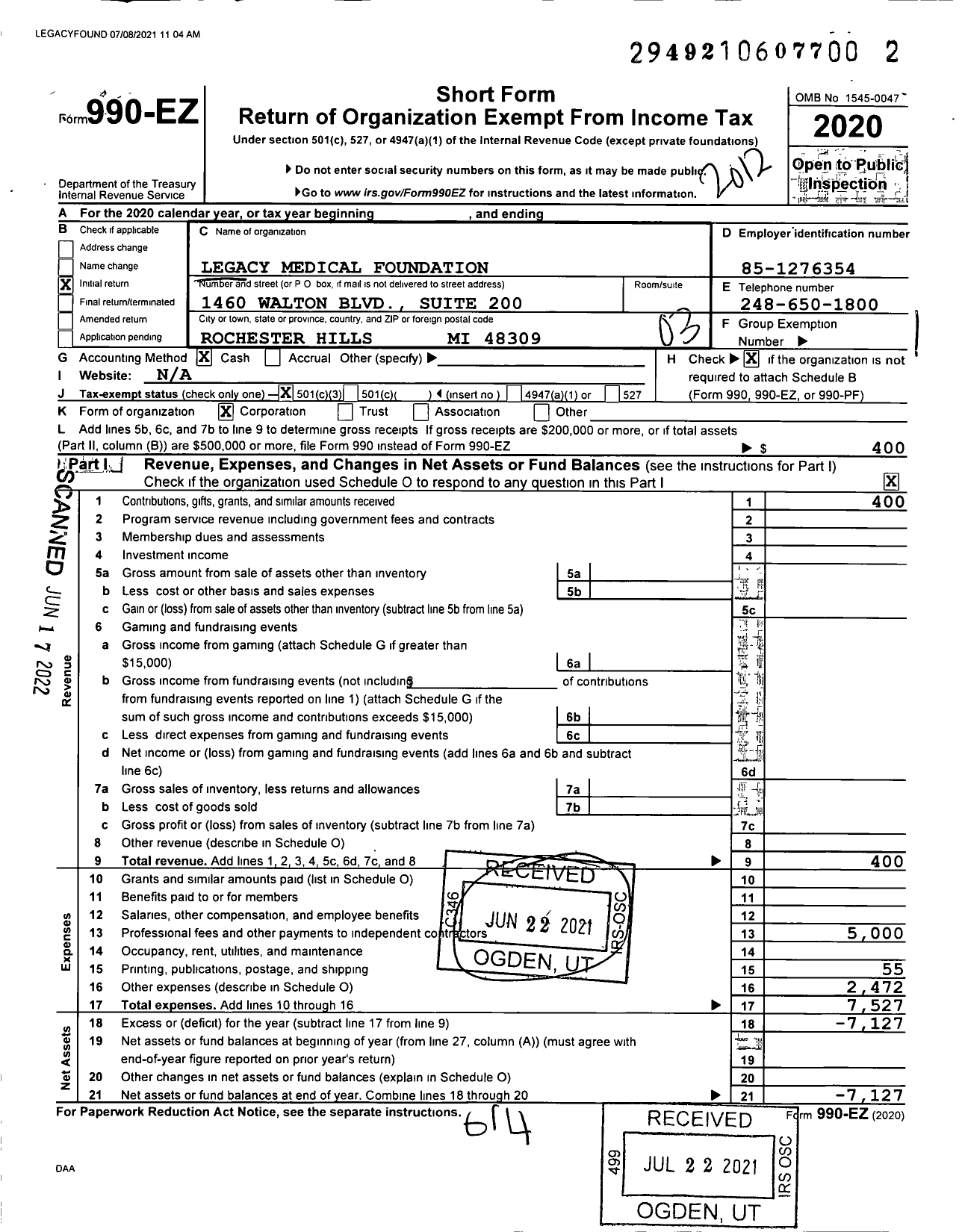 Image of first page of 2020 Form 990EZ for Legacy Medical Foundation