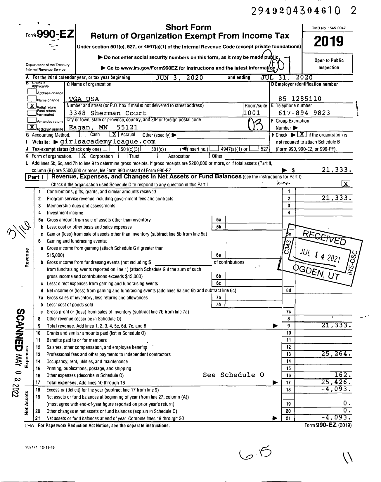 Image of first page of 2019 Form 990EZ for Tga USA