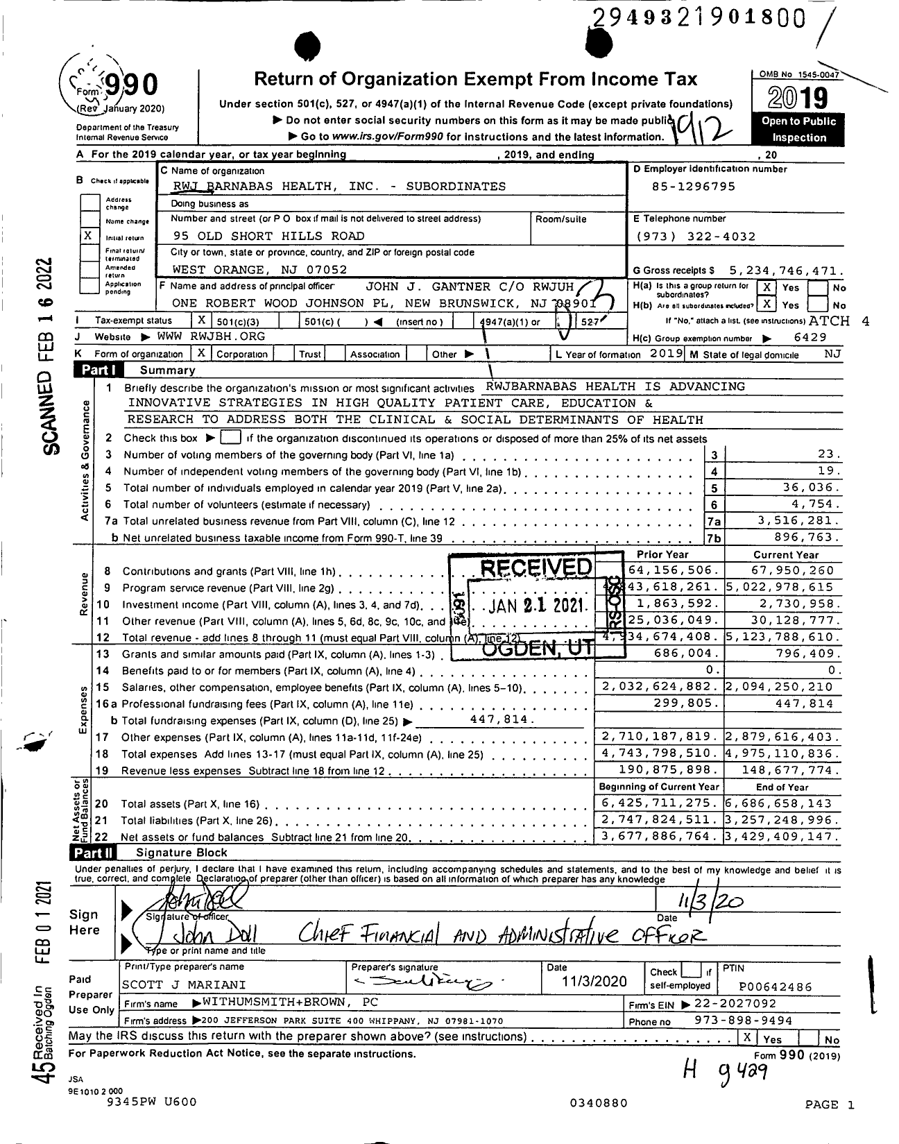 Image of first page of 2019 Form 990 for RWJ Barnabas Health - Subordinates