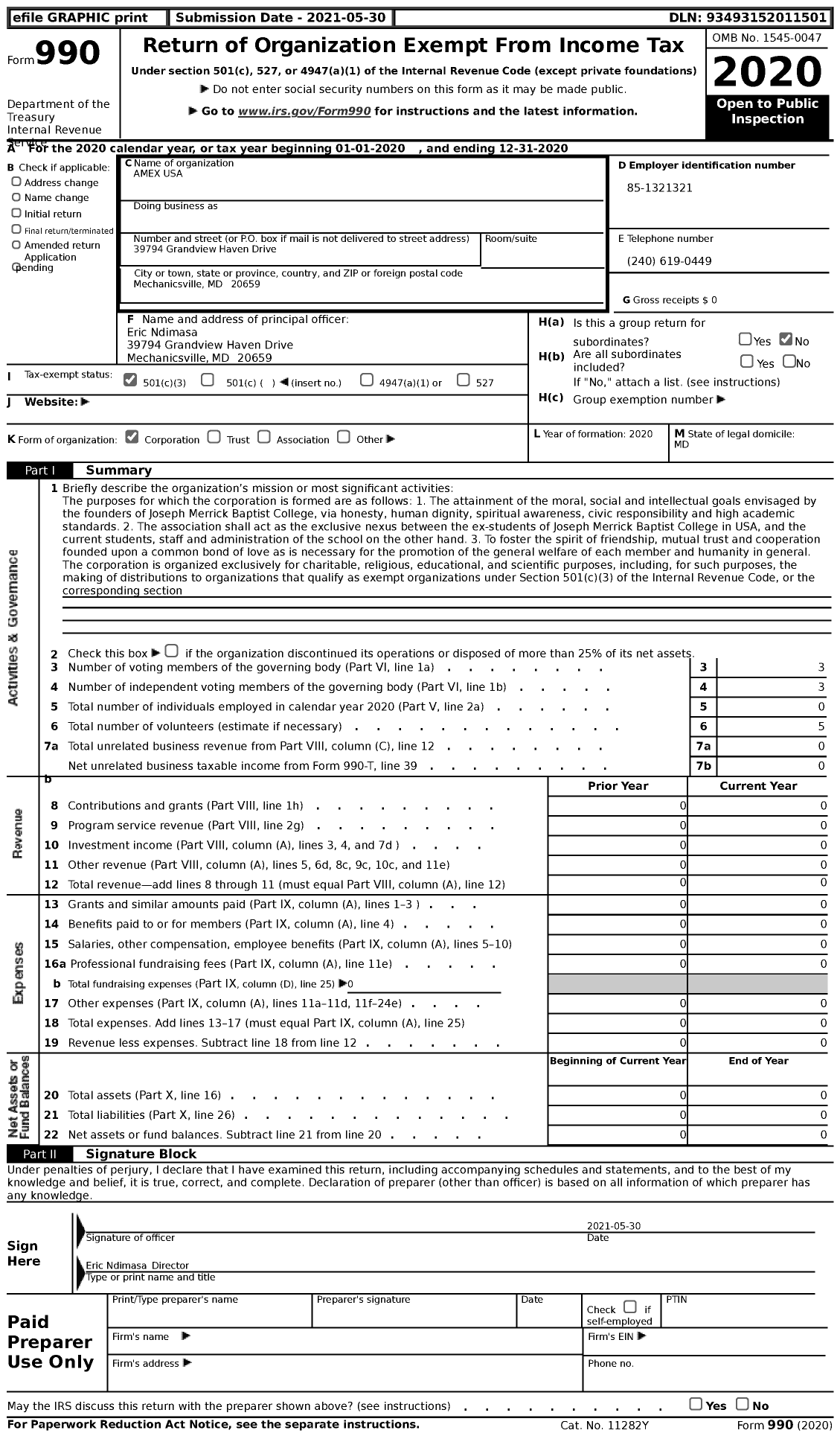 Image of first page of 2020 Form 990 for Amex USA