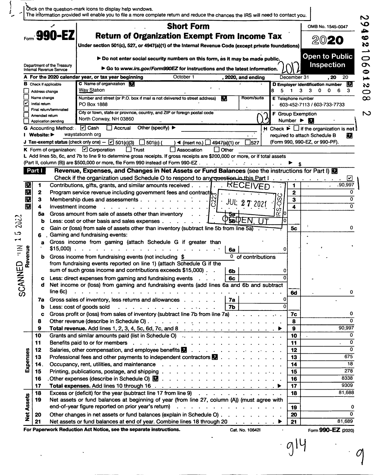 Image of first page of 2020 Form 990EZ for Way Station