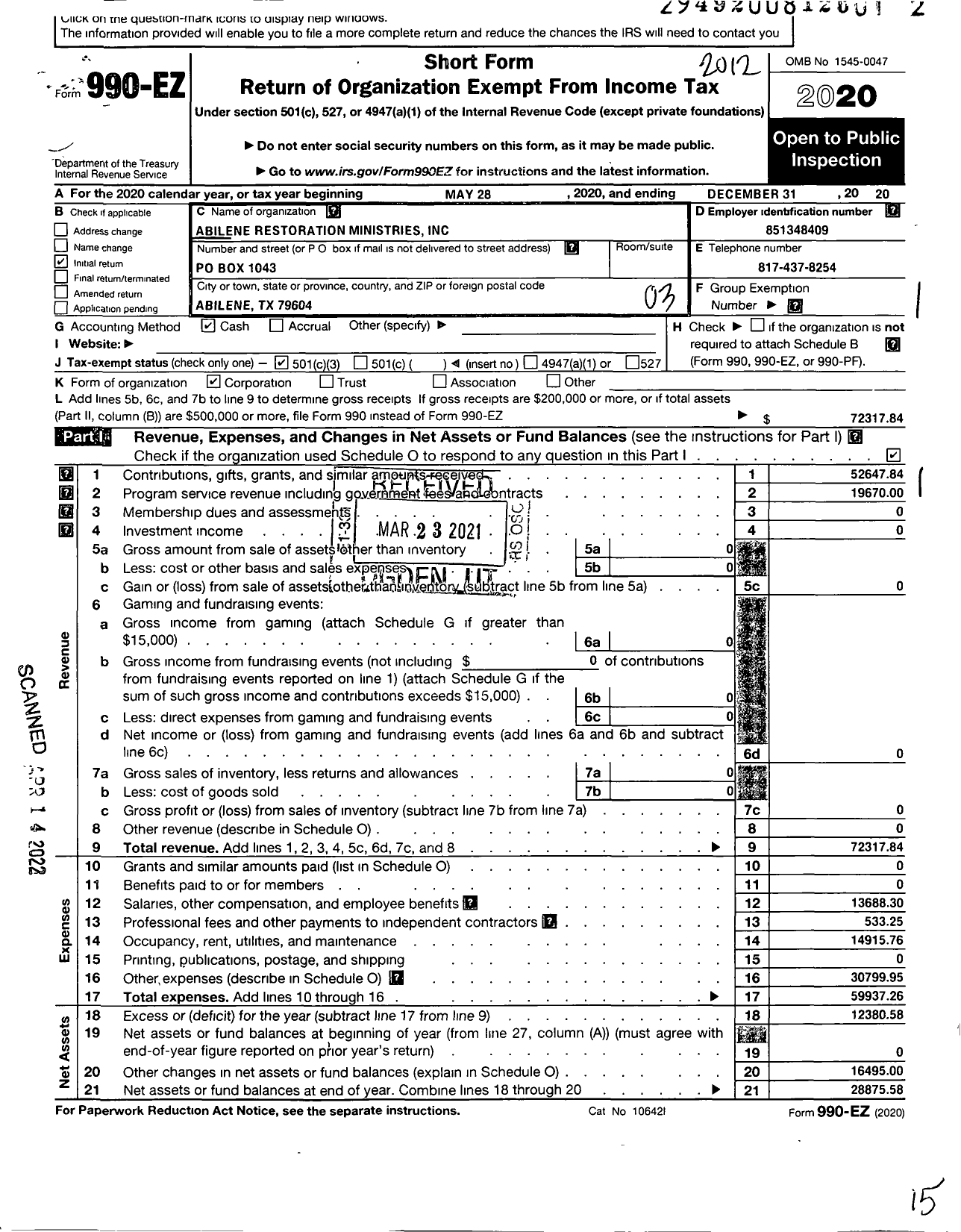 Image of first page of 2020 Form 990EZ for Men of Nehemiah - Abilene