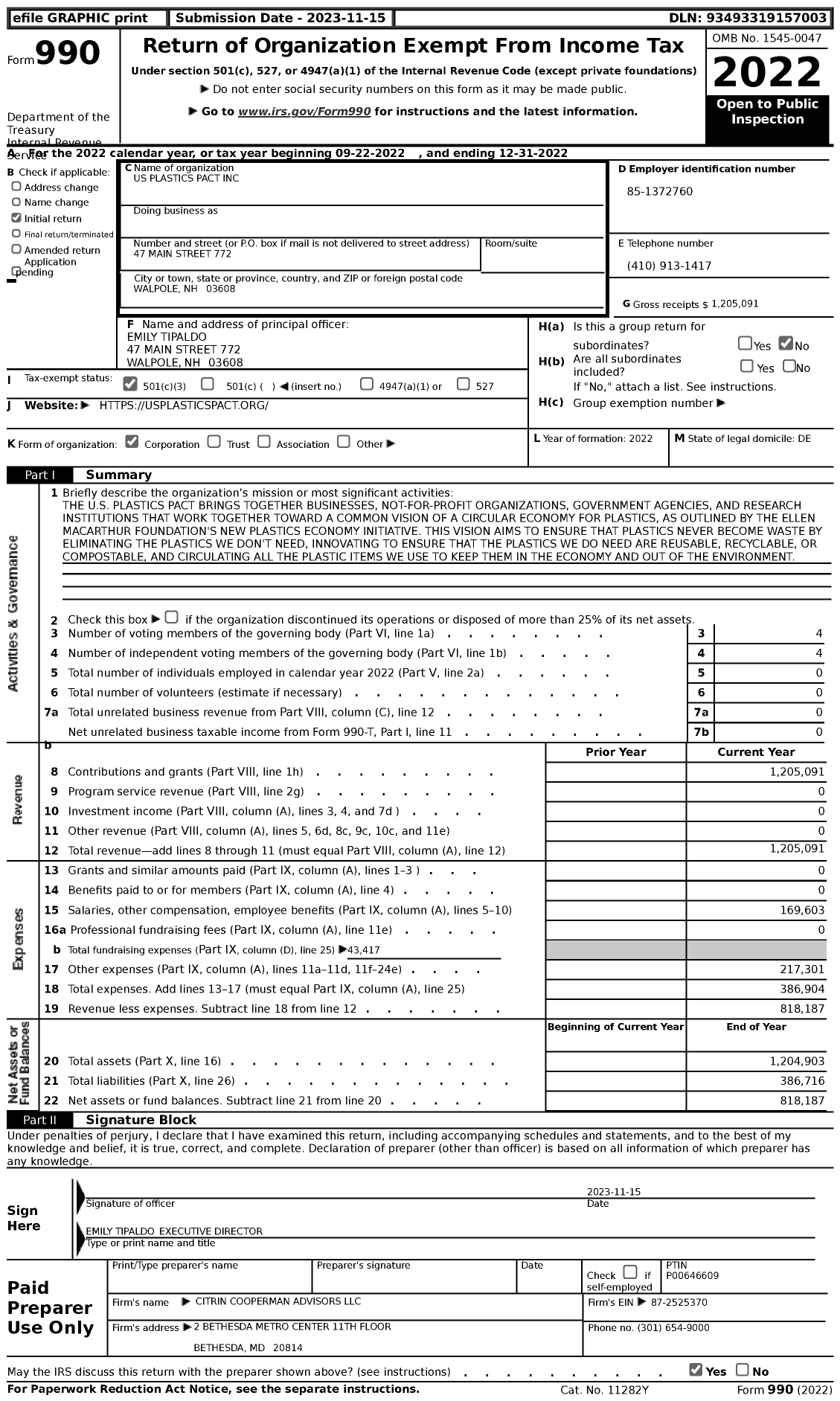 Image of first page of 2022 Form 990 for Us Plastics Pact