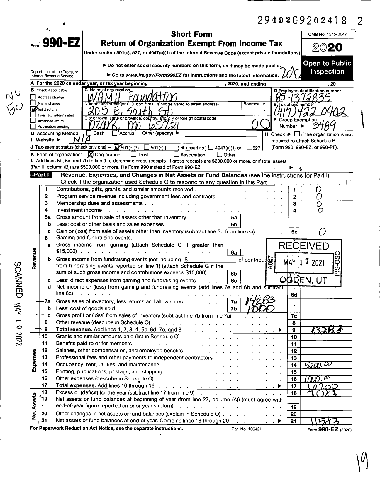 Image of first page of 2020 Form 990EO for Acts Ministry Wamh Foundation