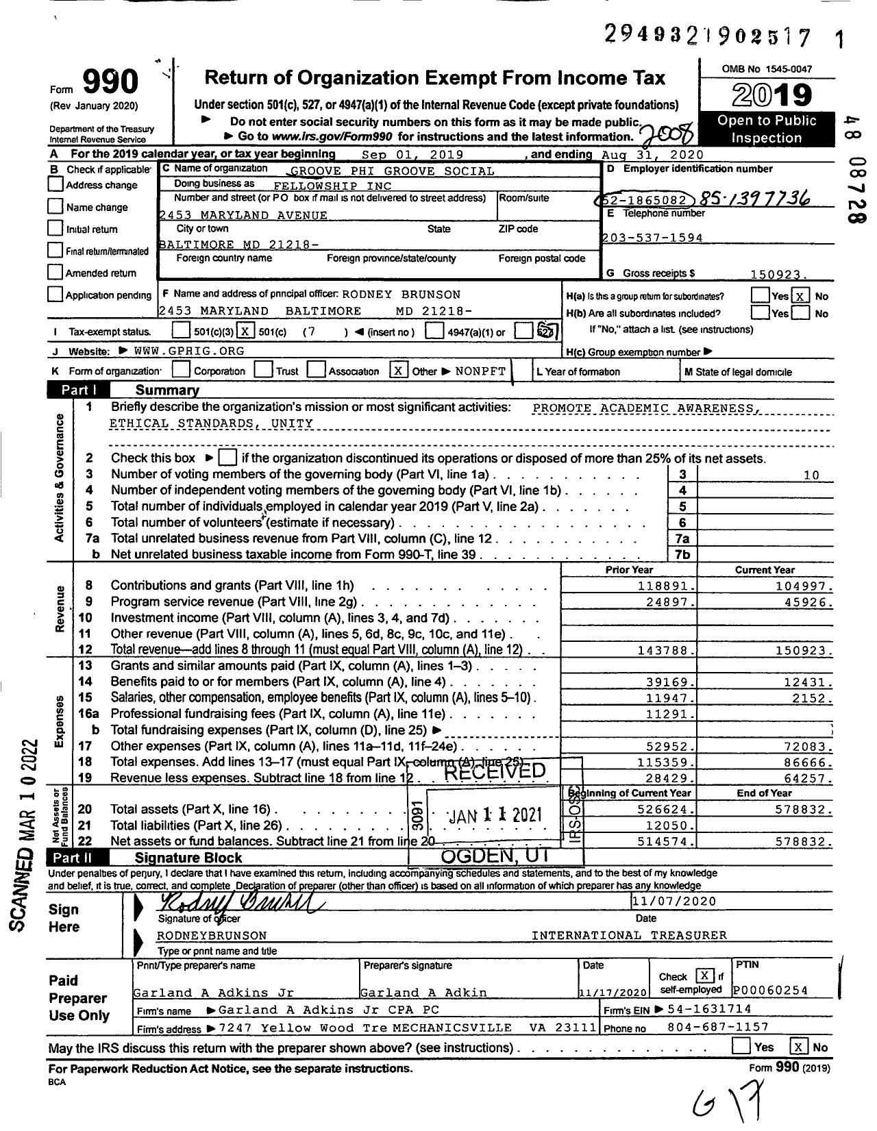 Image of first page of 2019 Form 990O for Groove Phi Groove Social Fellowship