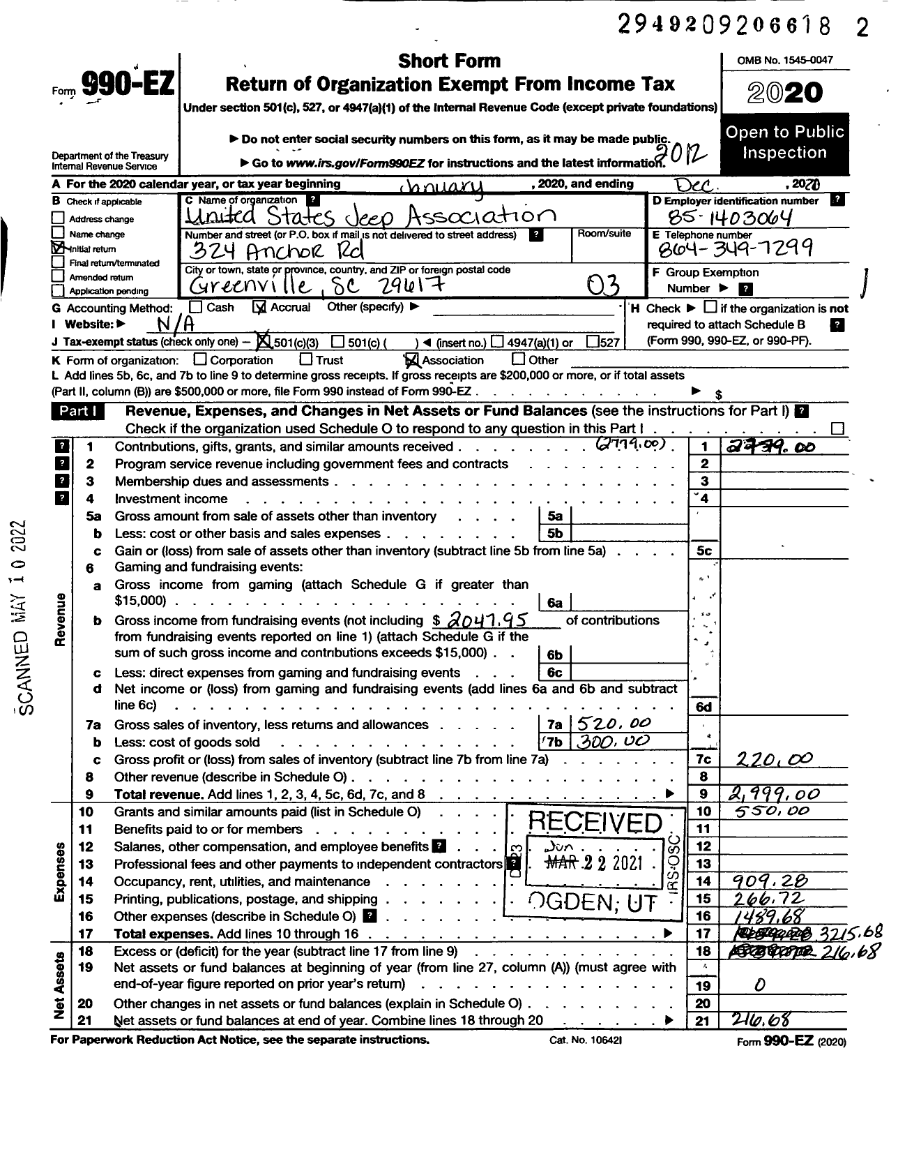 Image of first page of 2020 Form 990EZ for United States Jeep Association