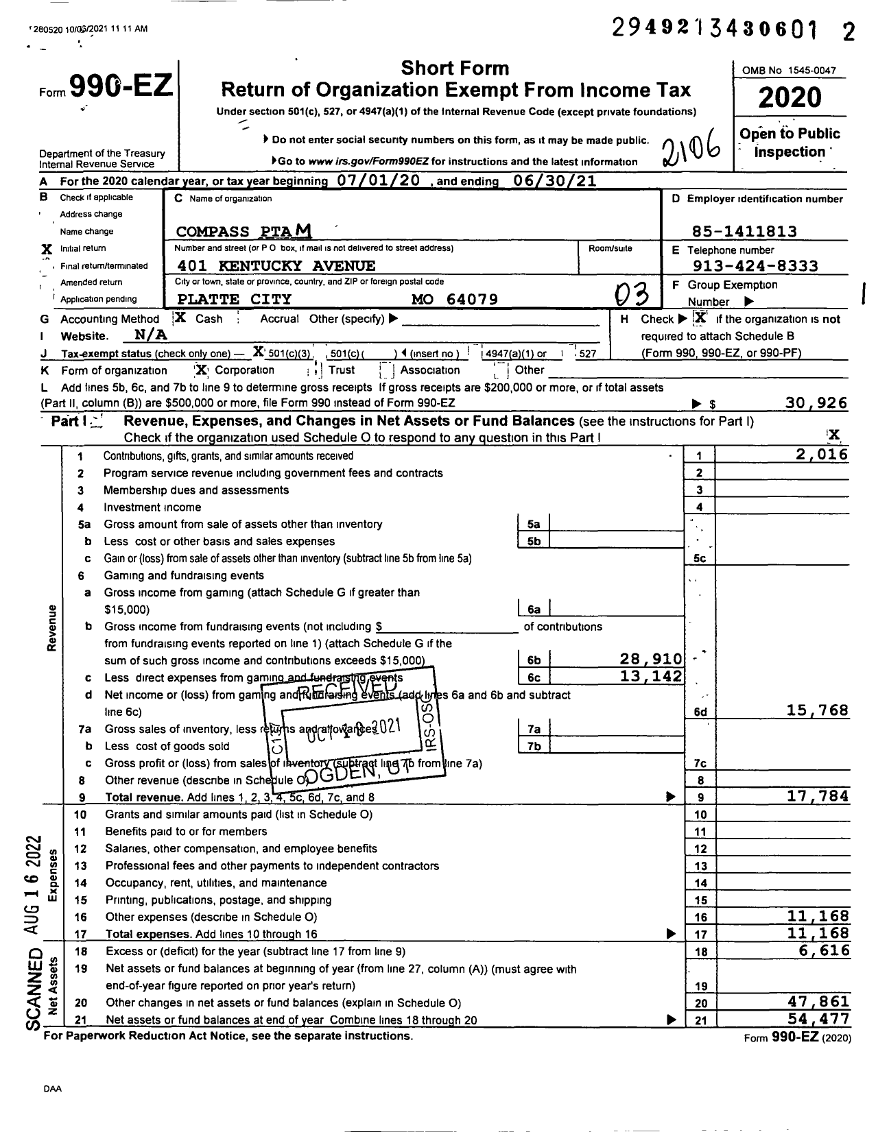 Image of first page of 2020 Form 990EZ for Compass PTA