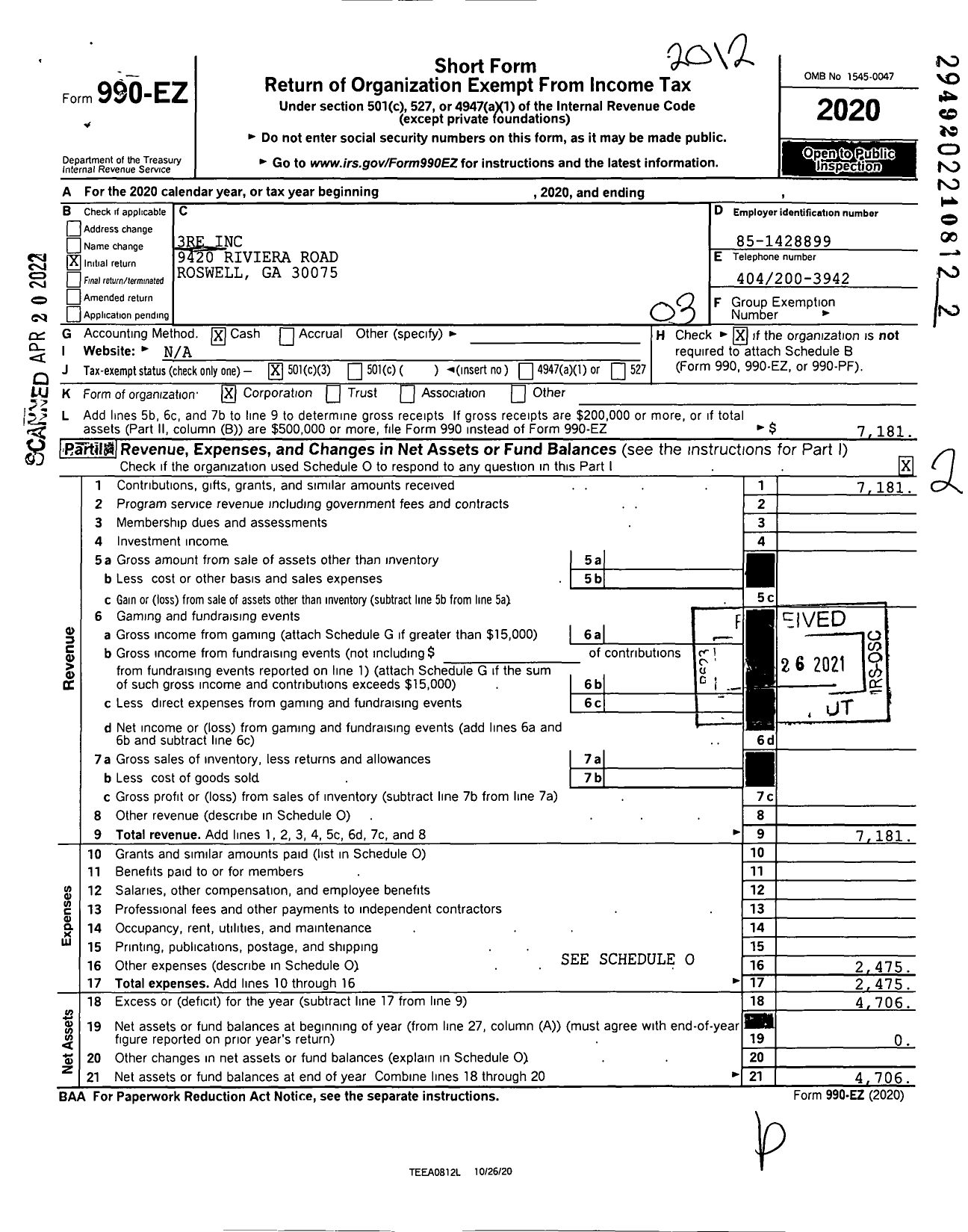 Image of first page of 2020 Form 990EZ for 3re